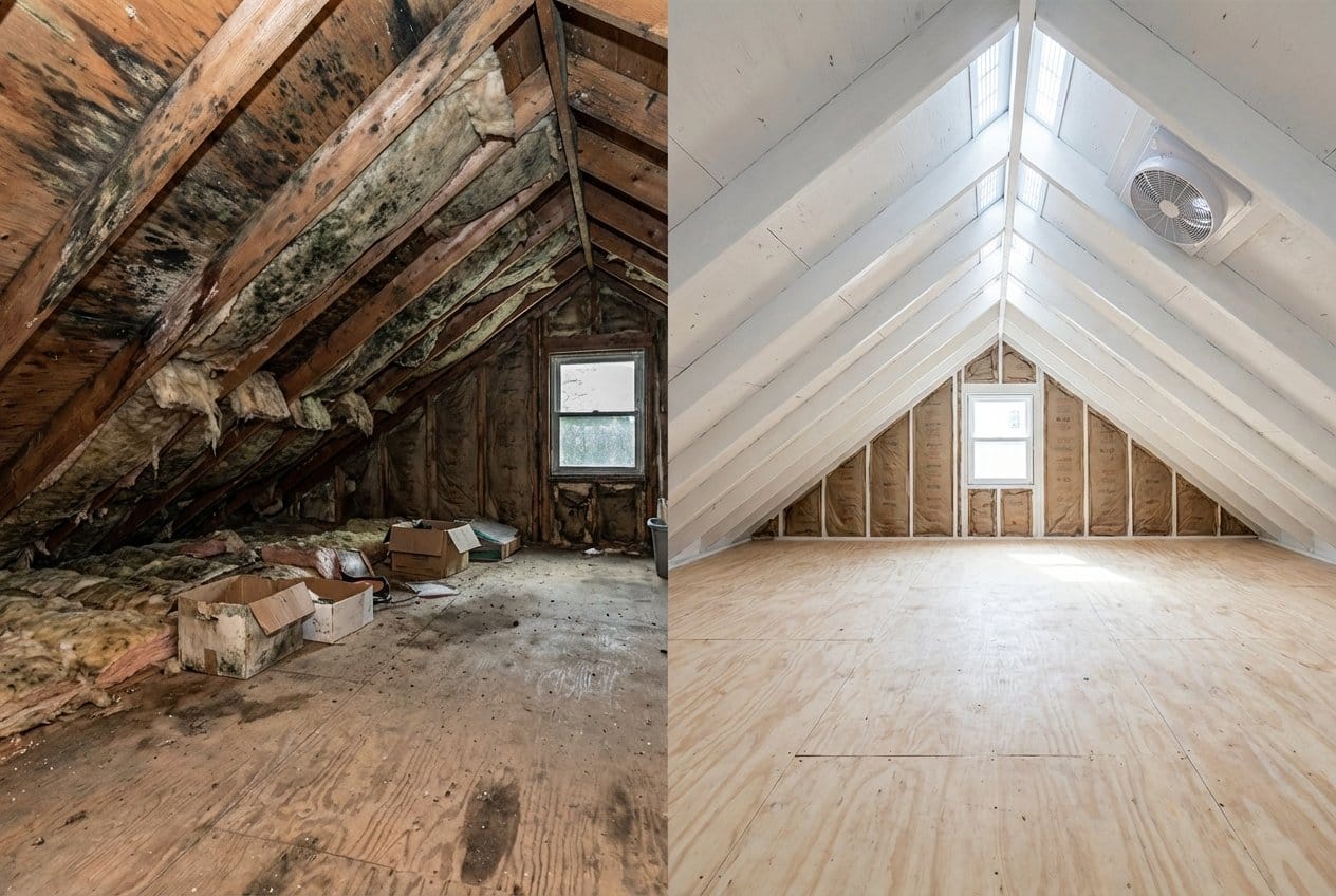 Before and after mold removal & remediation in Fort Lee commercial property attic space
