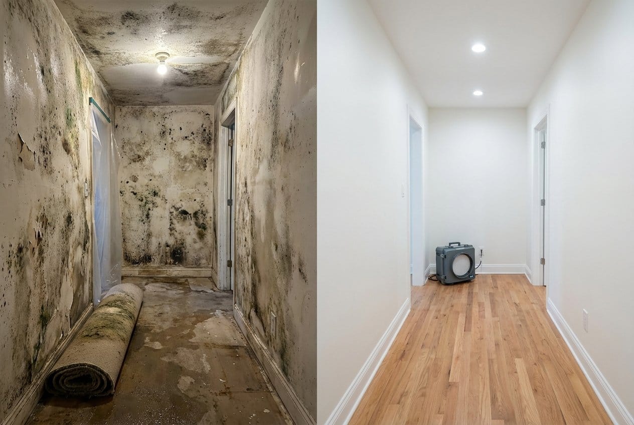 Black Mold Removal before and after in hallway, Fort Lee NJ