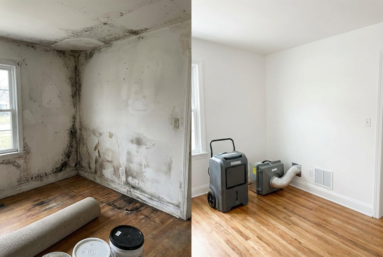 Before and after black mold removal in Fort Lee bungalow dining room