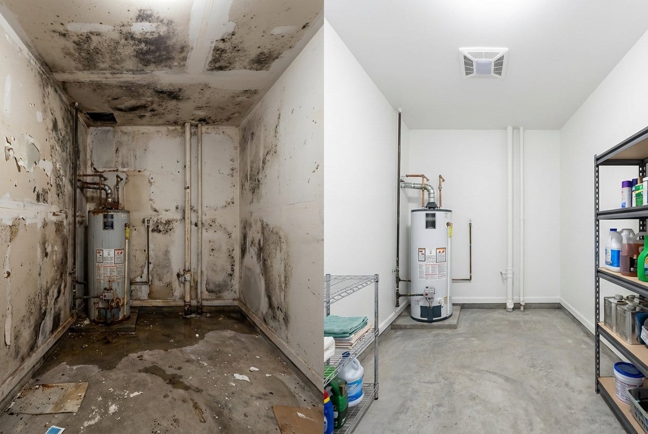 Attic & Crawl Space Mold Removal restoration — utility room of split-level home in Fort Lee, NJ