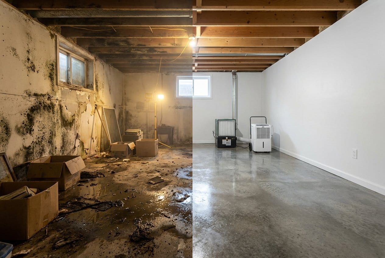 Basement & Foundation Mold Removal before and after in residential basement, Fort Lee NJ