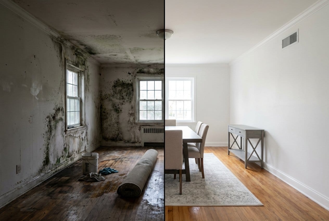 Before and after odor removal & disinfection in Fort Lee ranch-style home dining room