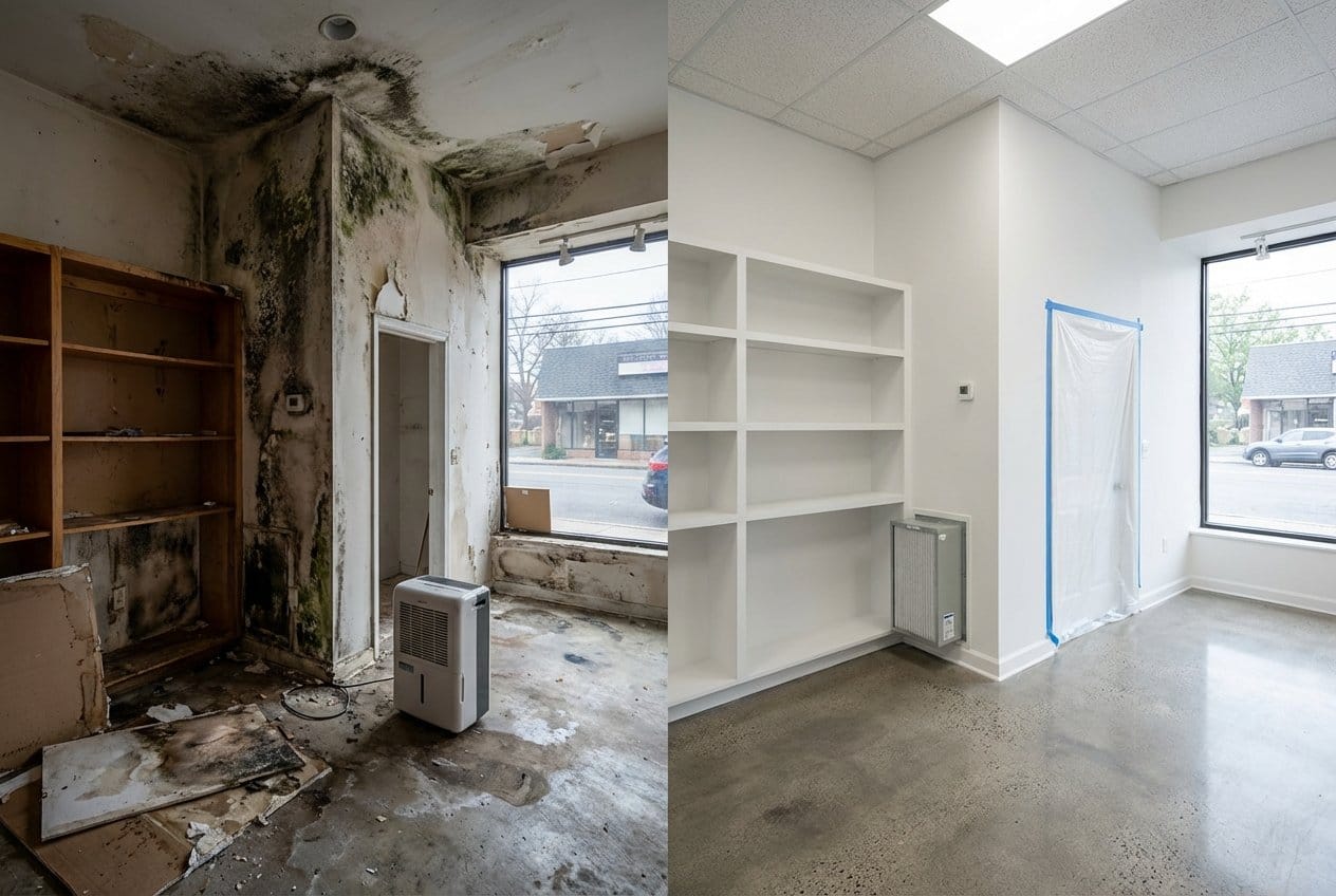 Before and after humidity & moisture control solution in Fort Lee townhouse storefront interior