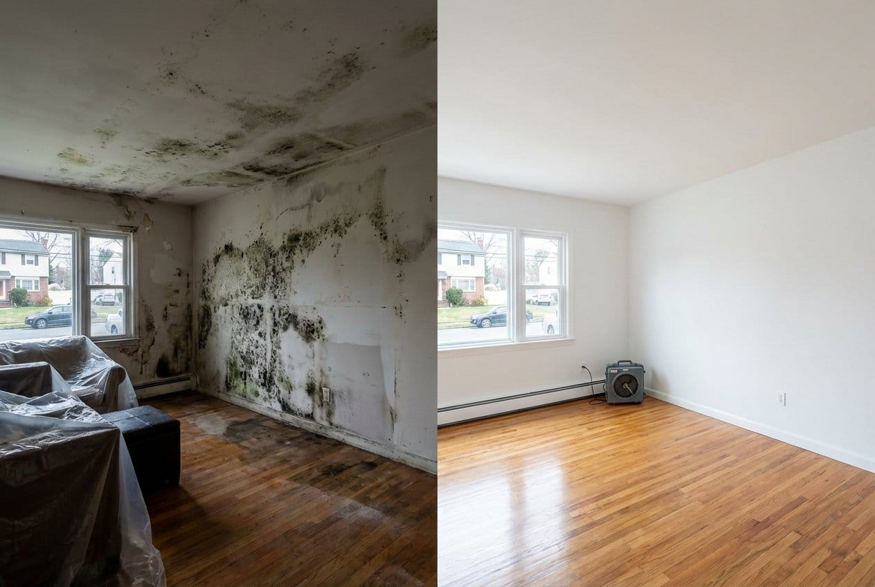 Fort Lee Mold Removal living room restoration before and after in Fort Lee